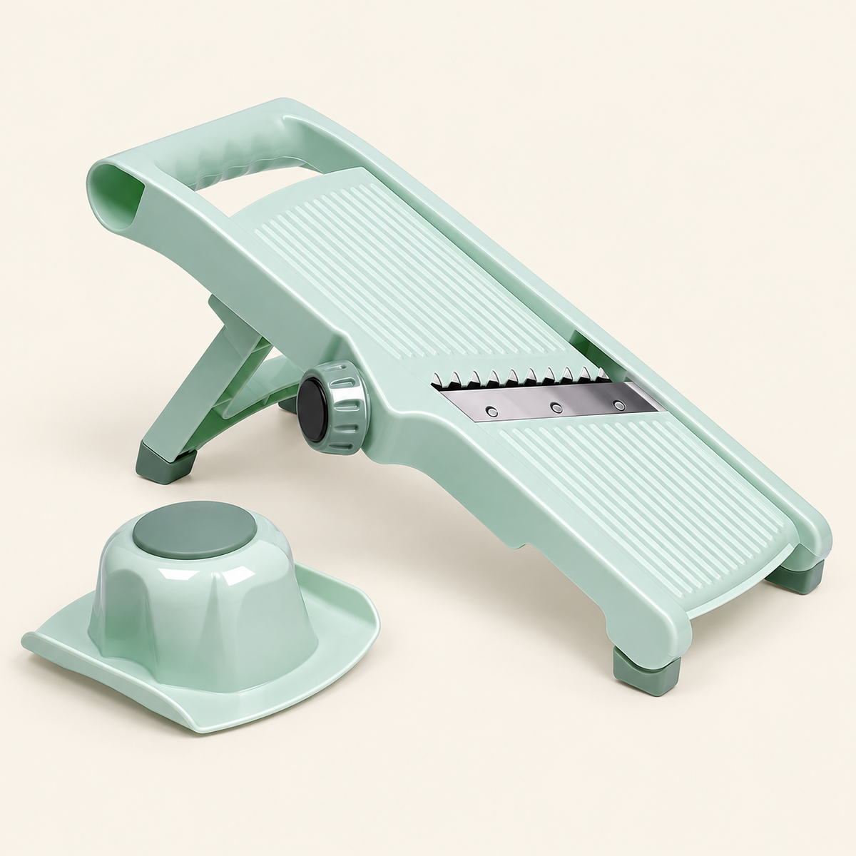 Mint green adjustable slicer and matching food holder